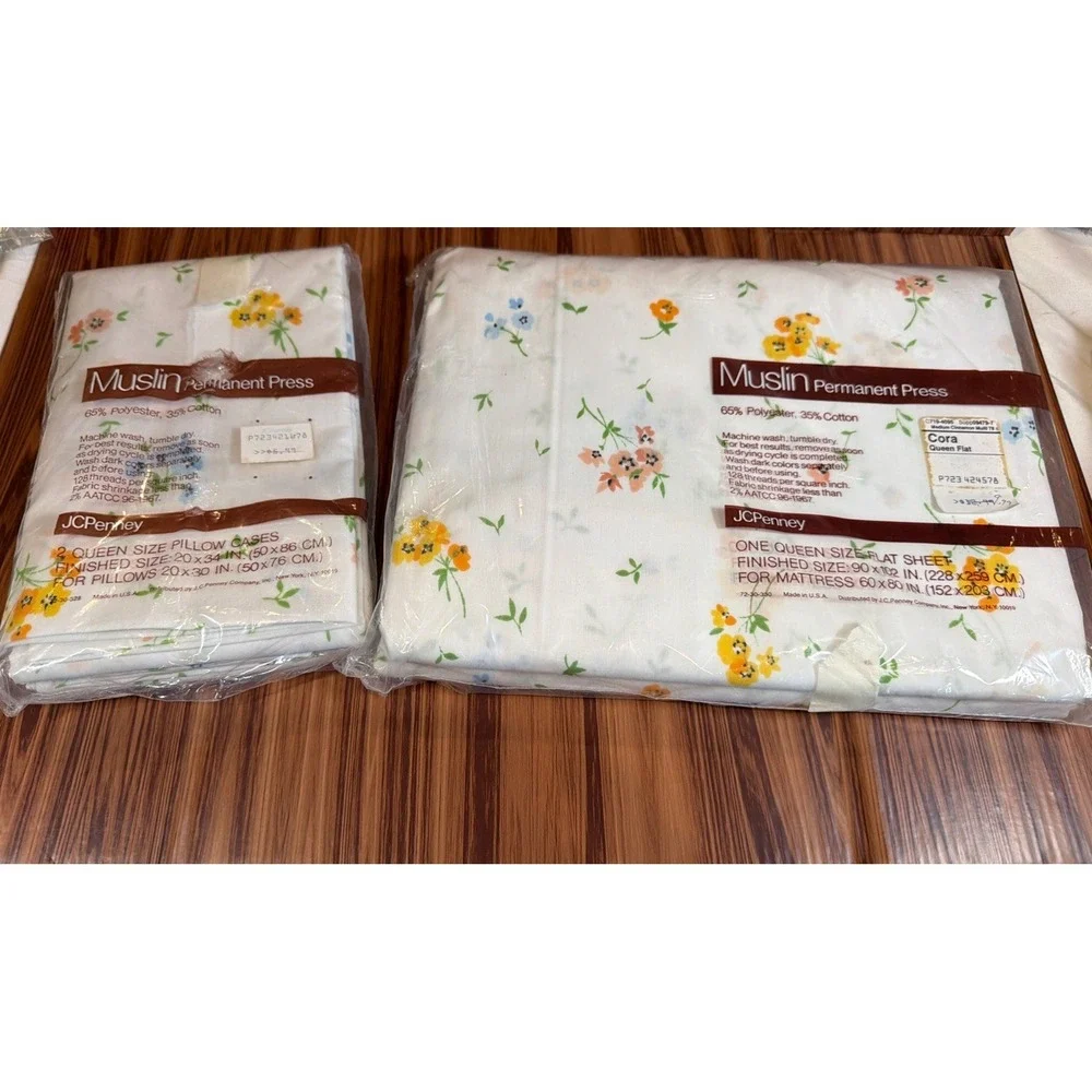 VTG JC‎ Penney Cora Queen Flat Sheet 2 Pillowcases Floral USA NOS Cottagecore